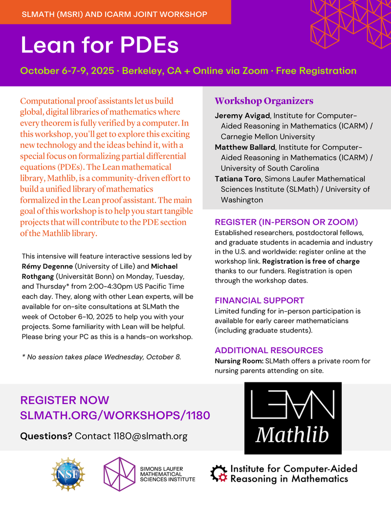 Preview of the 2025 Fall Lean for PDEs Workshop flyer