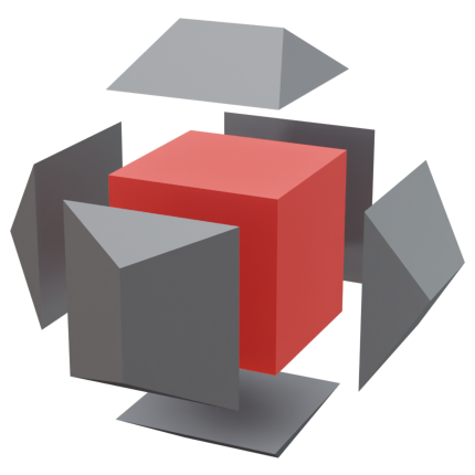 A red cube inside a gray dodecahedron.
